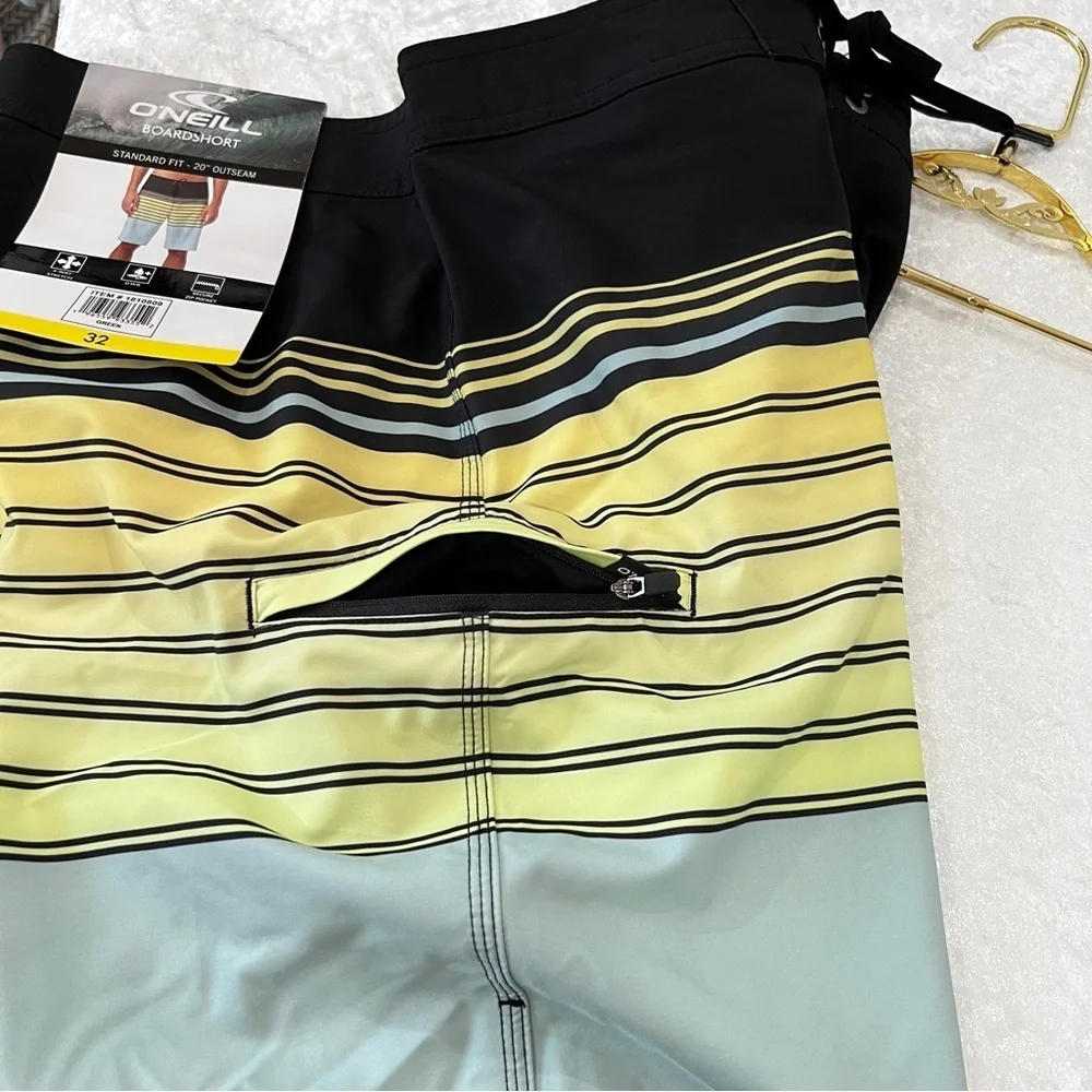 O'Neill Boardshort Swim‎ Shorts Men's Size 32 Striped Black Teal Green Unlined